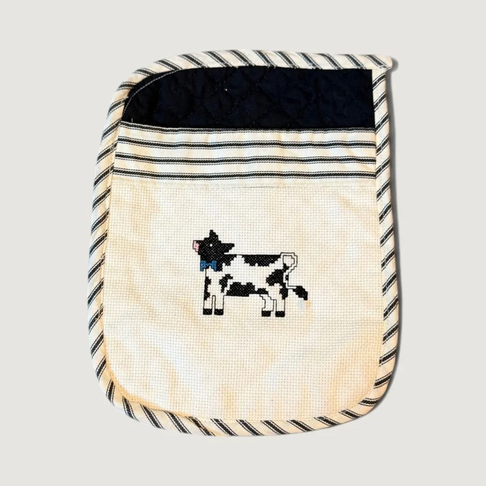 Handmade Cross Stitch Cow Quilted Pot Holder Cream Black Striped Farmhouse Decor